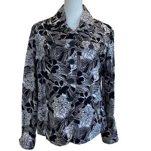 Linen Blend Black White Floral Button Front Jacket RN 73277 Lightweight Blazer